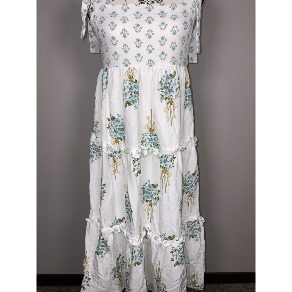 August Sky Boutique Womens Blue Floral Tie Strap Tiered Dress Size Medium - Picture 6 of 8